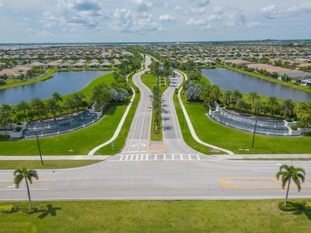 drone / aerial view with a water view