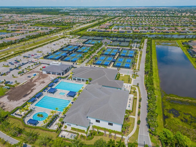 aerial view featuring a water view