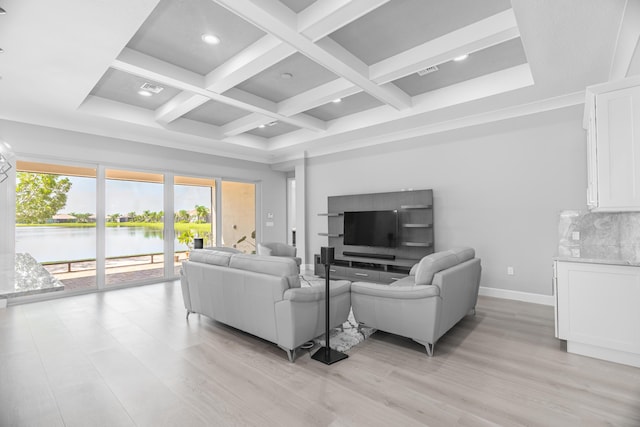 living room featuring light hardwood / wood-style flooring, coffered ceiling, and beamed ceiling