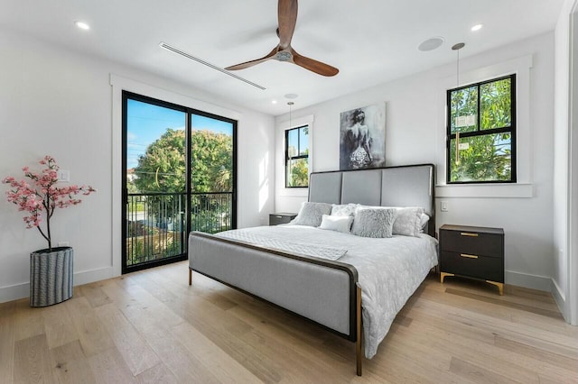 bedroom with ceiling fan, light hardwood / wood-style flooring, access to exterior, and multiple windows