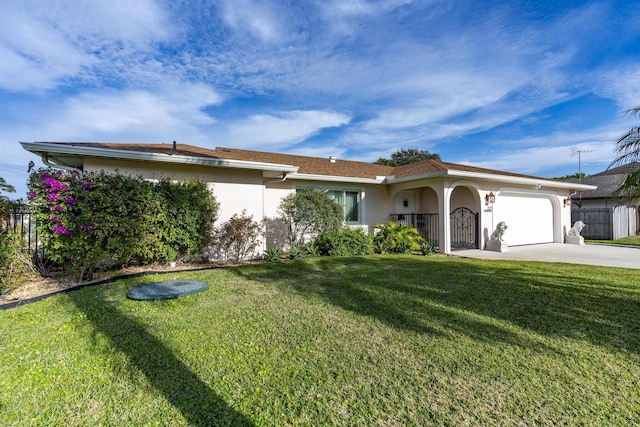 ranch-style house with a garage and a front lawn