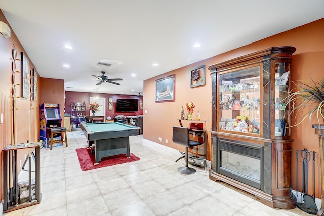 game room featuring billiards and ceiling fan