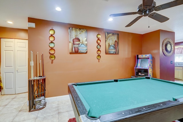 recreation room featuring ceiling fan and light tile patterned floors