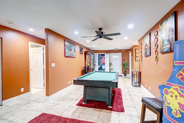 recreation room with pool table and ceiling fan