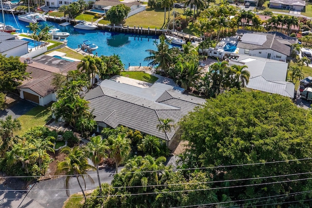 aerial view featuring a water view