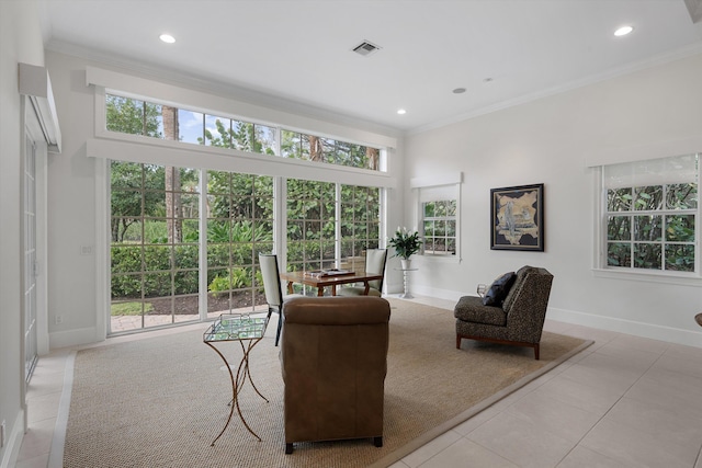 tiled living room featuring ornamental molding