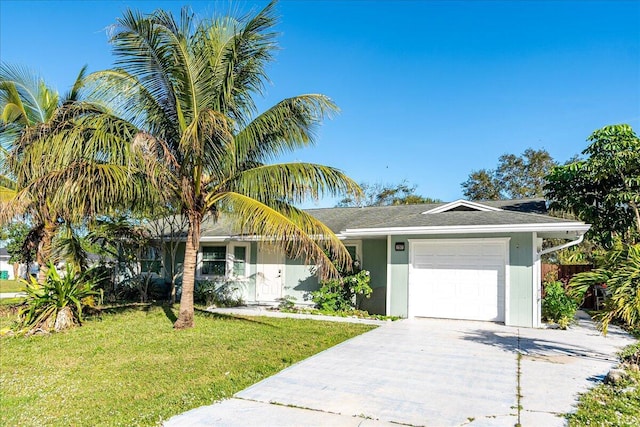 single story home featuring a front lawn and a garage