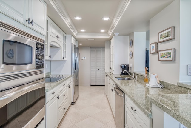 kitchen featuring appliances with stainless steel finishes, white cabinets, a raised ceiling, and sink