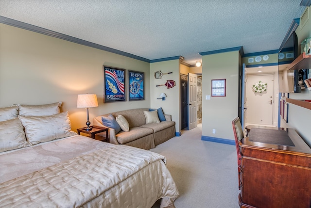 carpeted bedroom featuring a textured ceiling and crown molding