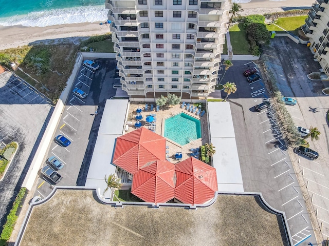 drone / aerial view with a view of the beach and a water view