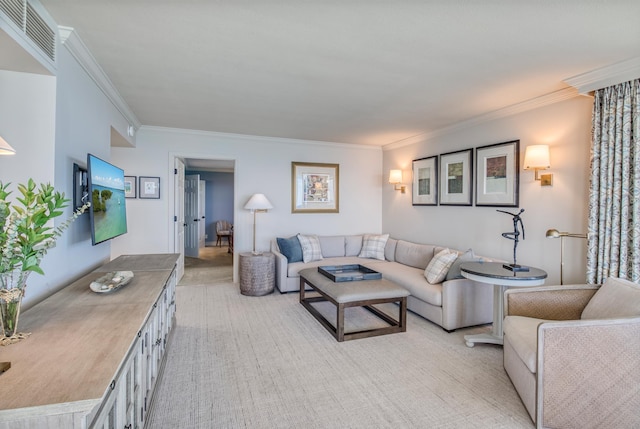 carpeted living room featuring crown molding