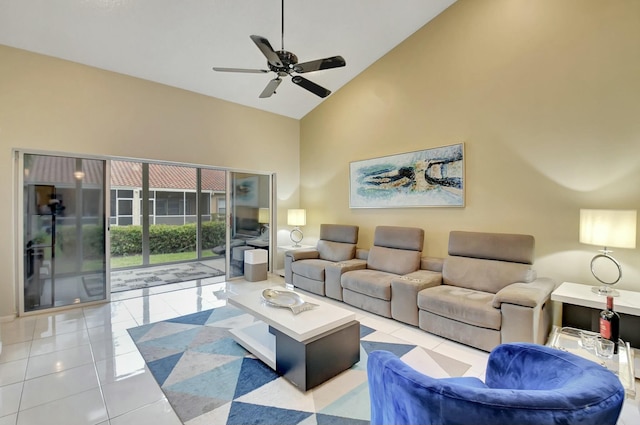 living room featuring high vaulted ceiling, ceiling fan, and light tile patterned floors