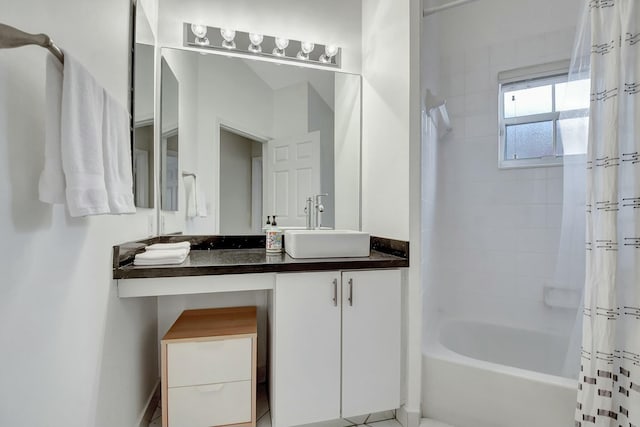 bathroom with shower / bath combination with curtain and vanity