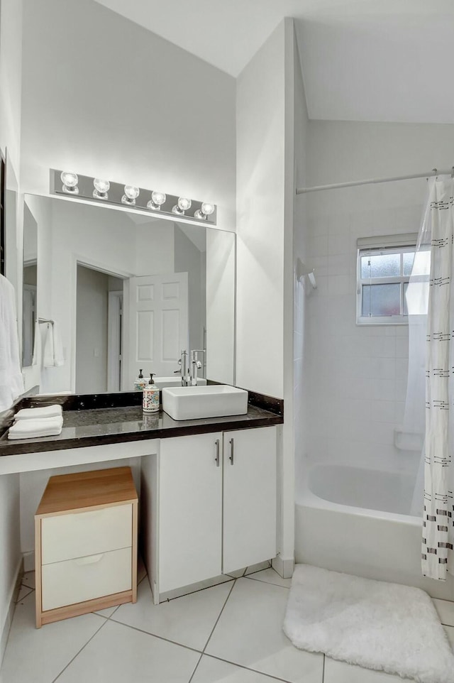 bathroom featuring vanity, tile patterned floors, and shower / bathtub combination with curtain