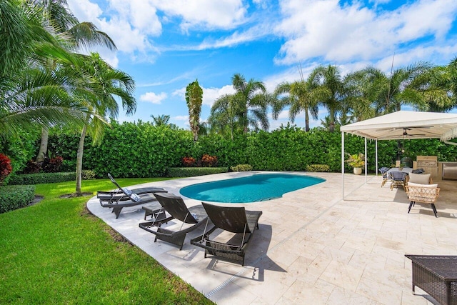 view of swimming pool featuring area for grilling, a lawn, and a patio