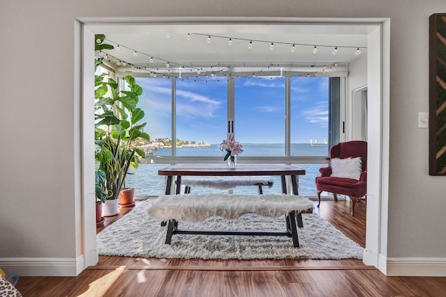 sitting room with a water view and hardwood / wood-style floors