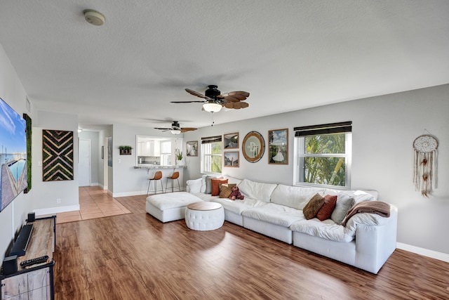 living room featuring a textured ceiling, a wealth of natural light, and hardwood / wood-style flooring