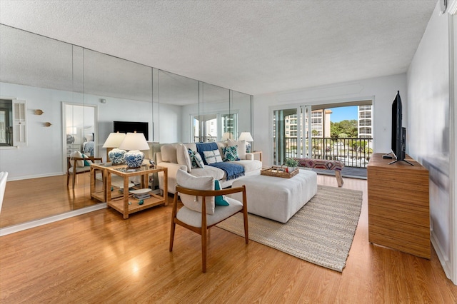 living room with a textured ceiling and wood-type flooring