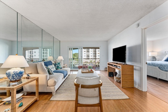 living room with a textured ceiling and hardwood / wood-style flooring