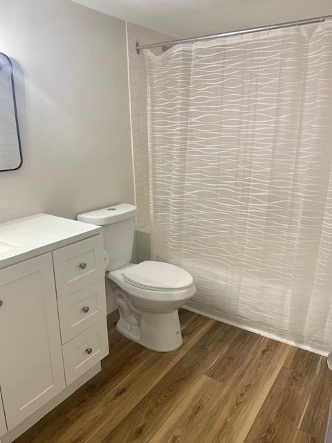 bathroom featuring toilet, vanity, and hardwood / wood-style floors