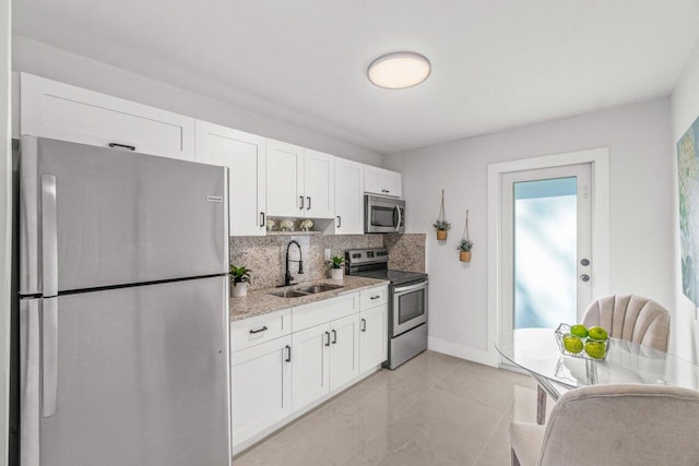 kitchen with appliances with stainless steel finishes, decorative backsplash, white cabinets, and sink