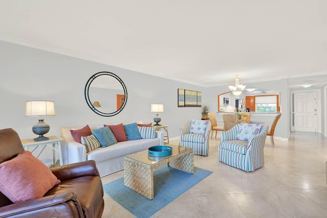 tiled living room featuring crown molding and a chandelier