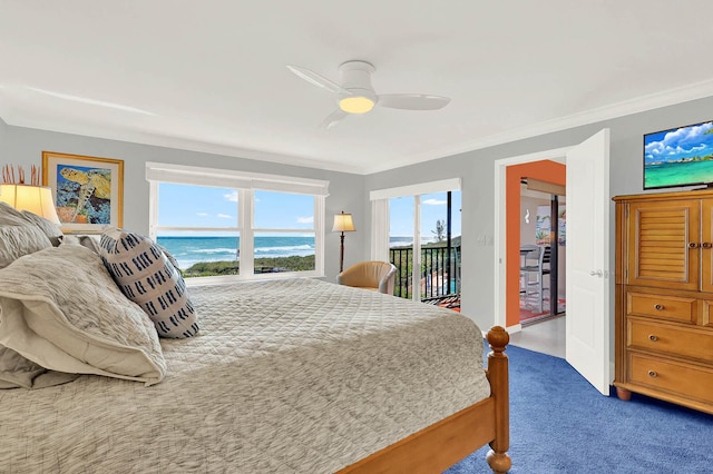 bedroom featuring ornamental molding, access to outside, a water view, ceiling fan, and dark carpet