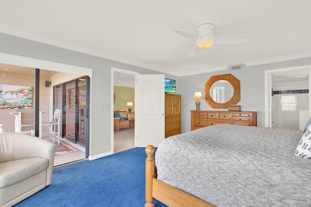 bedroom with ceiling fan, access to outside, carpet, and ornamental molding