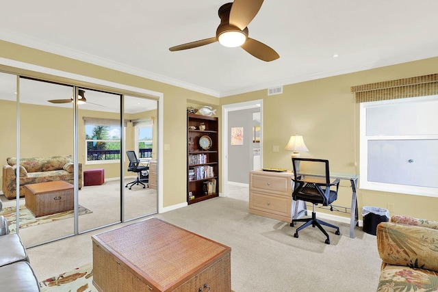 carpeted office with ceiling fan and ornamental molding