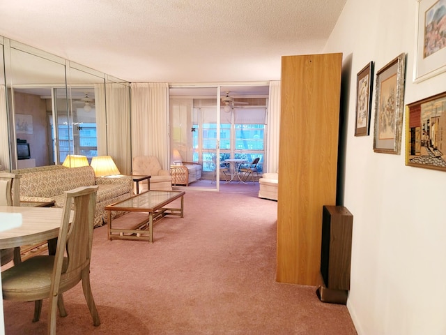 carpeted living room with a textured ceiling