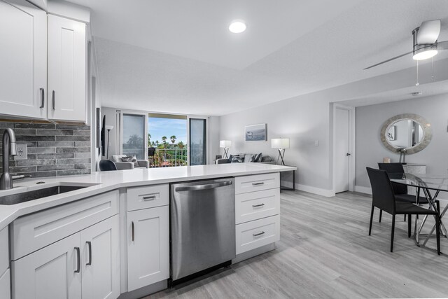 kitchen featuring white cabinetry, dishwasher, tasteful backsplash, and sink