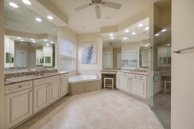 bathroom featuring tile patterned flooring, vanity, plus walk in shower, and ceiling fan