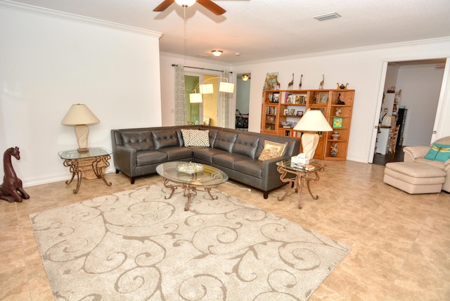 living room with ceiling fan and ornamental molding