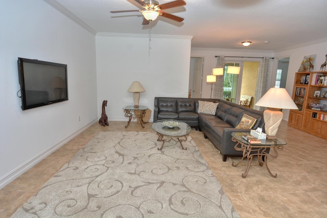 living room featuring ornamental molding and ceiling fan