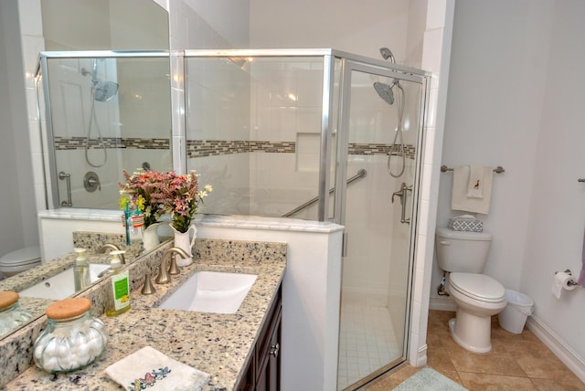 bathroom featuring an enclosed shower, vanity, tile patterned floors, and toilet