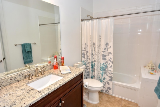 full bathroom with vanity, toilet, and shower / bath combo with shower curtain