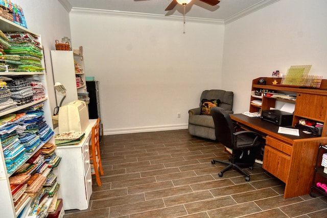 home office featuring crown molding and ceiling fan