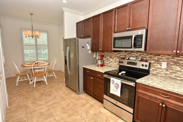 kitchen featuring pendant lighting, crown molding, appliances with stainless steel finishes, tasteful backsplash, and a chandelier