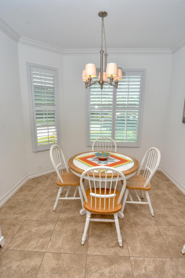 dining room featuring an inviting chandelier, light tile patterned floors, and crown molding