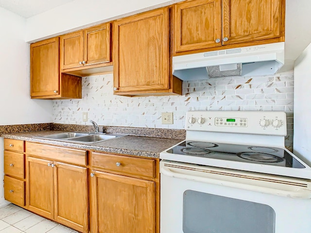 kitchen with white range with electric cooktop, a sink, decorative backsplash, under cabinet range hood, and dark countertops