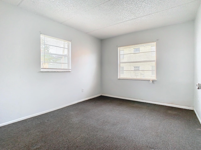 empty room featuring a healthy amount of sunlight, a textured ceiling, baseboards, and carpet