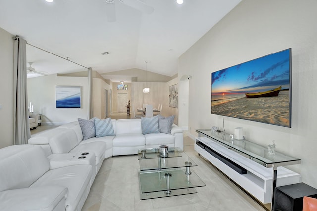 living room with lofted ceiling and ceiling fan