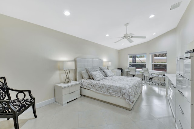 bedroom featuring ceiling fan and vaulted ceiling