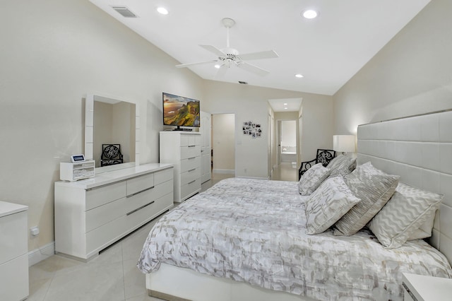 bedroom with light tile patterned floors, ceiling fan, and vaulted ceiling