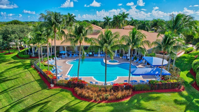 view of pool featuring a patio area and a yard