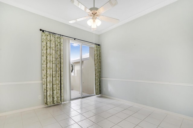 unfurnished room with ceiling fan, light tile patterned floors, and crown molding