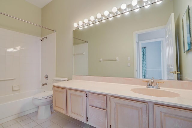 full bathroom with toilet, shower / bath combination, tile patterned floors, and vanity