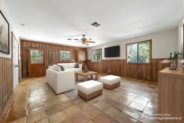 living room with ceiling fan