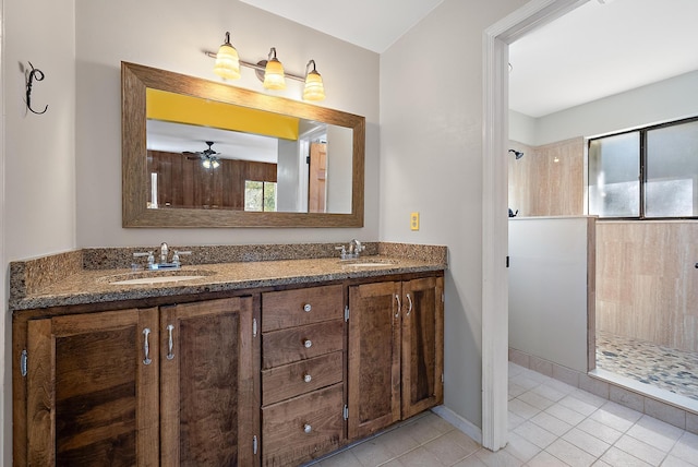 bathroom with vanity, tile patterned flooring, and ceiling fan