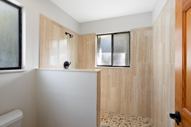 bathroom with tiled shower and toilet